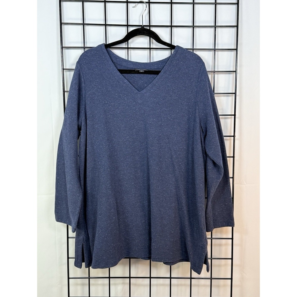 J. Jill Wearever Ribbed V-neck Sweater Womens XL‎ Blue Coastal Casual Speckled